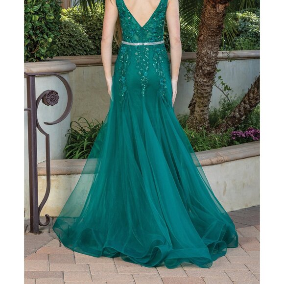 New Sleeveless Mermaid Prom Tulle Gown w/ Floral Applqiue & Deep V-Neck DQ 4311 - Picture 6 of 9